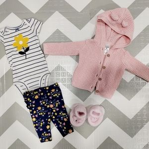 Carter's crochet pink bear sweater with footie and blue flower outfit with pants